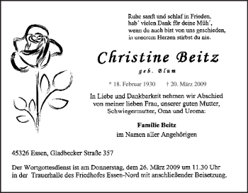 Traueranzeige von Christine Beitz von Tageszeitung