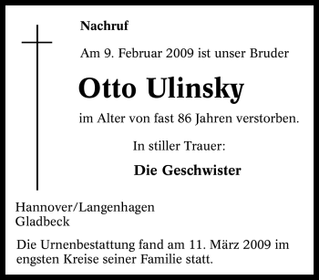 Traueranzeige von Otto Ulinsky von Tageszeitung