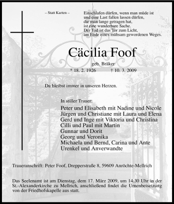 Traueranzeige von Cäcilia Foof von Tageszeitung