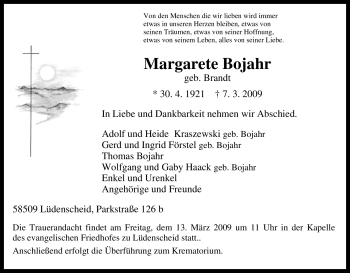 Traueranzeige von Margarete Bojahr von Tageszeitung