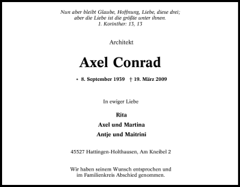 Traueranzeigen von Axel Conrad TrauerinNRW.de