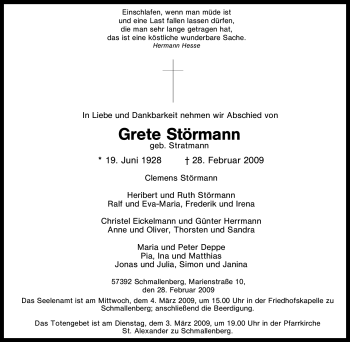 Traueranzeige von Grete Störmann von Tageszeitung