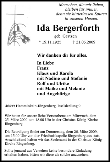 Traueranzeige von Ida Bergerforth von Tageszeitung