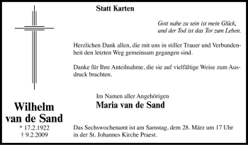 Traueranzeige von Wilhelm van de Sand von Tageszeitung