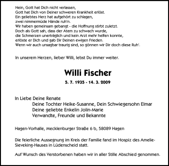 Traueranzeige von Willi Fischer von Tageszeitung