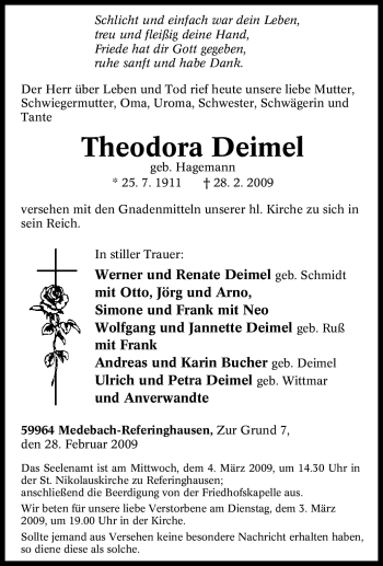 Traueranzeige von Theodora Deimel von Tageszeitung