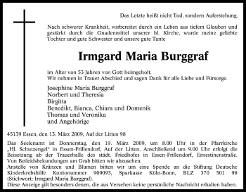 Traueranzeige von Irmgard Maria Burggraf von Tageszeitung