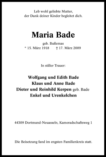 Traueranzeige von Maria Bade von Tageszeitung