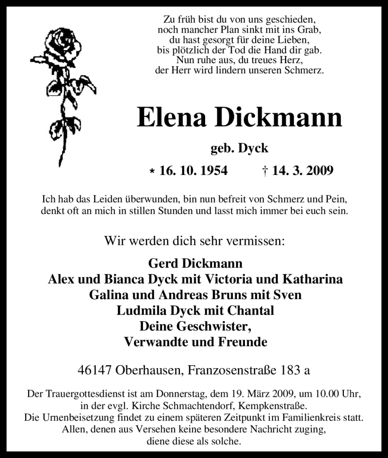 Traueranzeigen von Elena Dickmann | Trauer-in-NRW.de