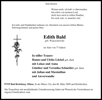 Traueranzeige von Edith Bald von Tageszeitung