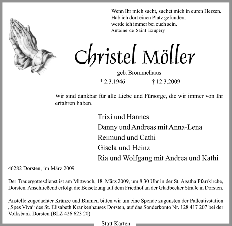  Traueranzeige für Christel Möller vom 14.03.2009 aus Tageszeitung