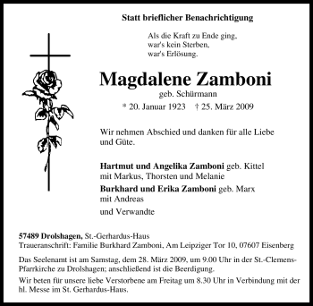 Traueranzeige von Magdalene Zamboni von Tageszeitung