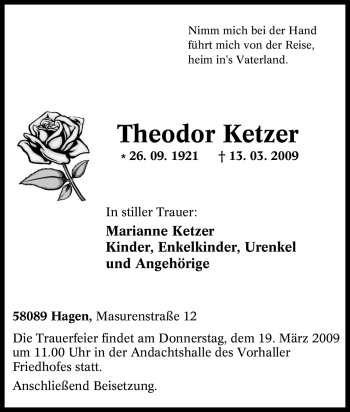 Traueranzeige von Theodor Ketzer von Tageszeitung