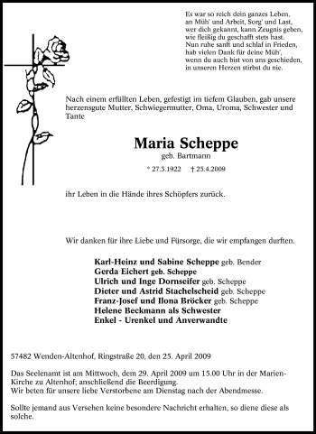 Traueranzeige von Maria Scheppe von Tageszeitung
