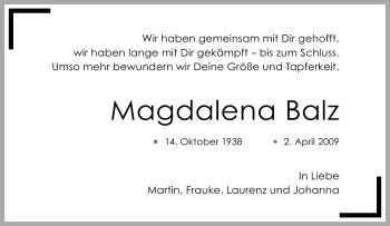 Traueranzeige von Magdalena Balz von Tageszeitung