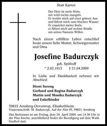Traueranzeige von Josefine Badurczyk von Tageszeitung