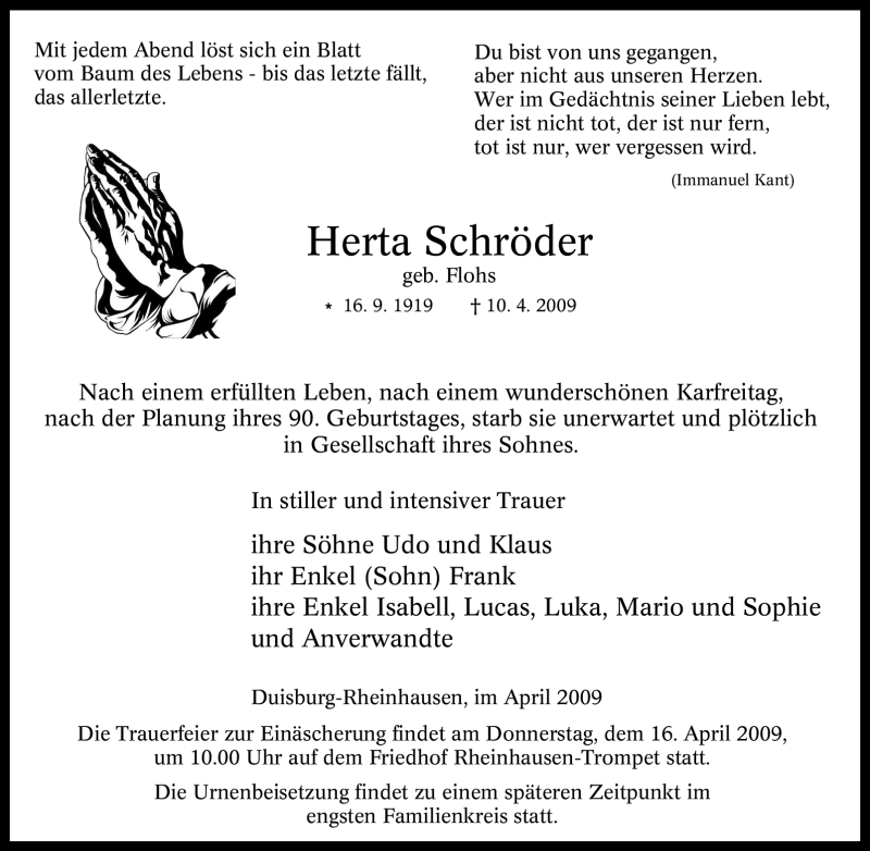  Traueranzeige für Herta Schröder vom 15.04.2009 aus Tageszeitung