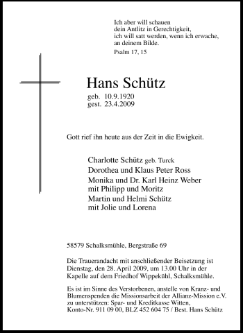 Traueranzeige von Hans Schütz von Tageszeitung