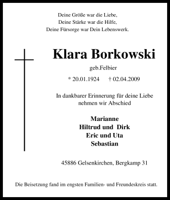 Traueranzeige von Klara Borkowski von Tageszeitung