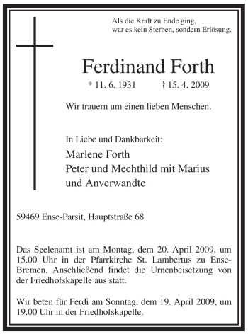 Traueranzeige von Ferdinand Forth von Tageszeitung