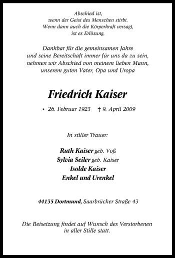 Traueranzeige von Friedrich Kaiser von Tageszeitung
