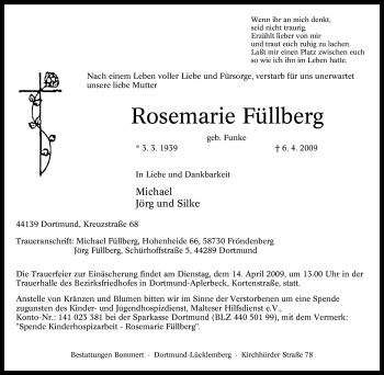 Traueranzeige von Rosemarie Füllberg von Tageszeitung