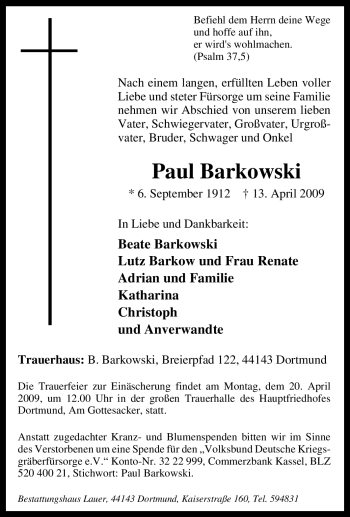 Traueranzeige von Paul Barkowski von Tageszeitung