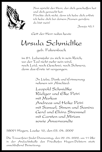 Traueranzeige von Ursula Schmidtke von Tageszeitung
