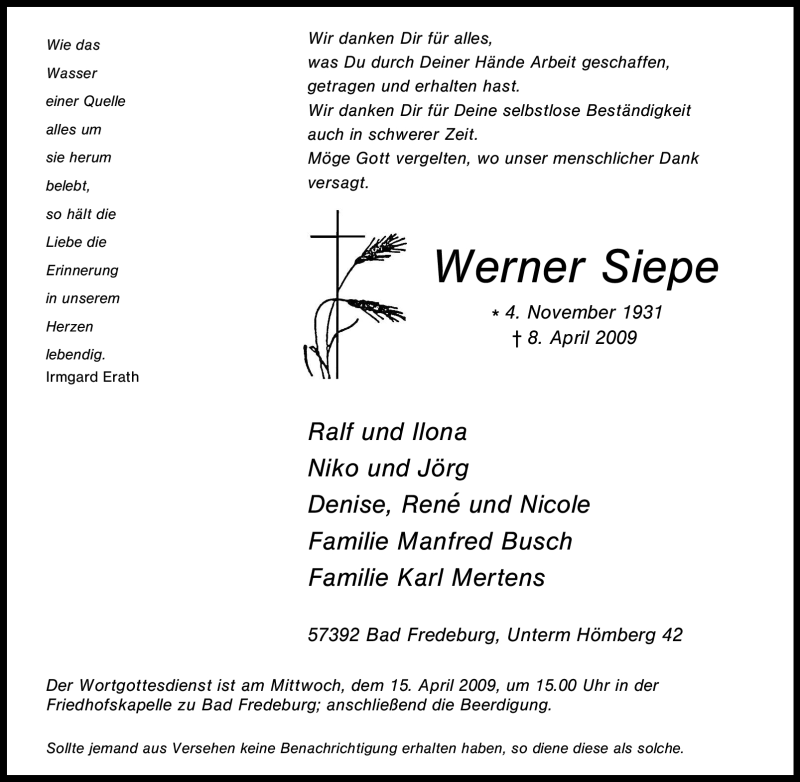  Traueranzeige für Werner Siepe vom 11.04.2009 aus Tageszeitung