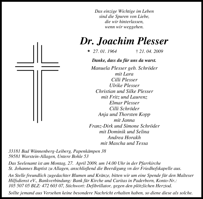  Traueranzeige für Joachim Plesser vom 24.04.2009 aus Tageszeitung