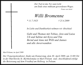Traueranzeige von Willi Bromenne von Tageszeitung