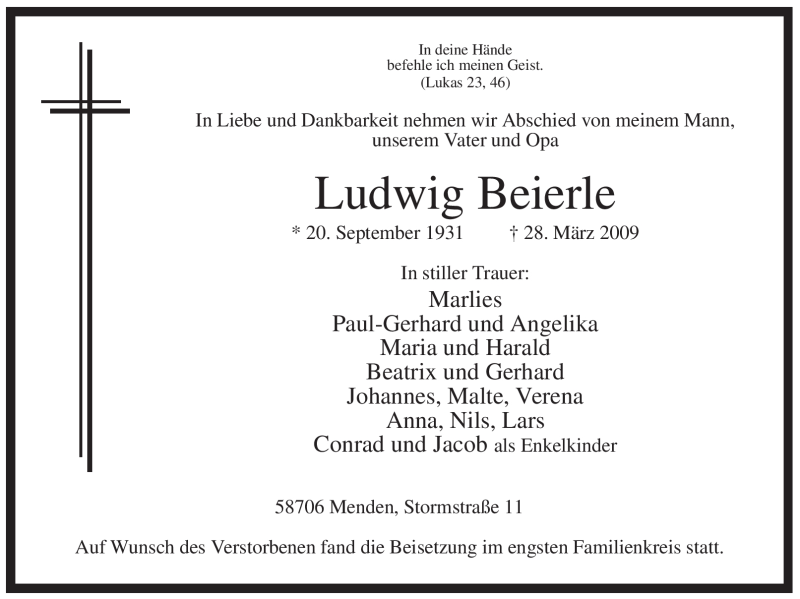 Traueranzeige für Ludwig Beierle vom 01.04.2009 aus Tageszeitung