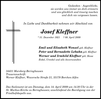 Traueranzeige von Josef Kleffner von Tageszeitung