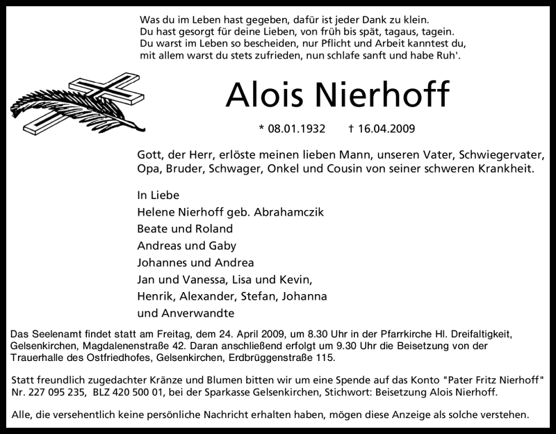  Traueranzeige für Alois Nierhoff vom 18.04.2009 aus Tageszeitung