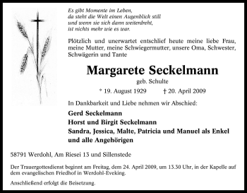 Traueranzeige von Margarete Seckelmann von Tageszeitung