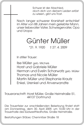 Traueranzeige von Günter Müller von Tageszeitung