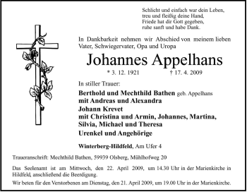 Traueranzeige von Johannes Appelhans von Tageszeitung