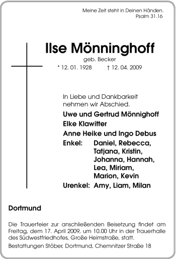 Traueranzeige von Ilse Mönninghoff von Tageszeitung