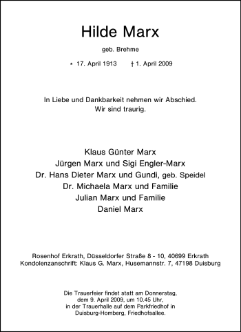 Traueranzeige von Hilde Marx von Tageszeitung
