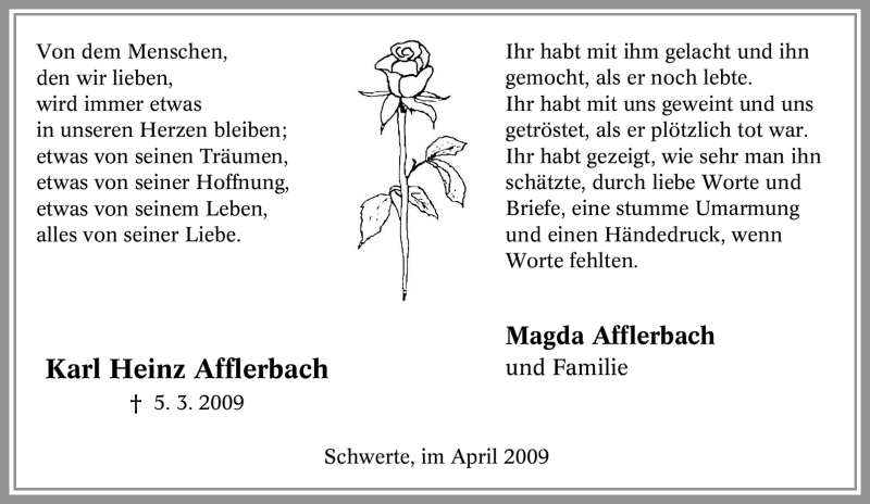  Traueranzeige für Karl Heinz Afflerbach vom 04.04.2009 aus Tageszeitung