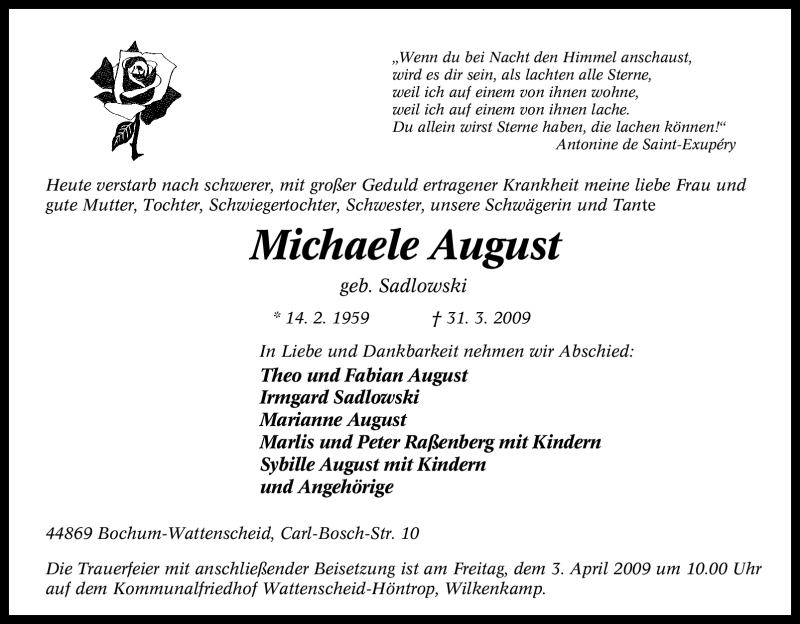  Traueranzeige für Michaele August vom 01.04.2009 aus Tageszeitung