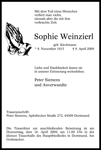 Traueranzeige von Sophie Weinzierl von Tageszeitung