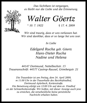 Traueranzeige von Walter Göertz von Tageszeitung