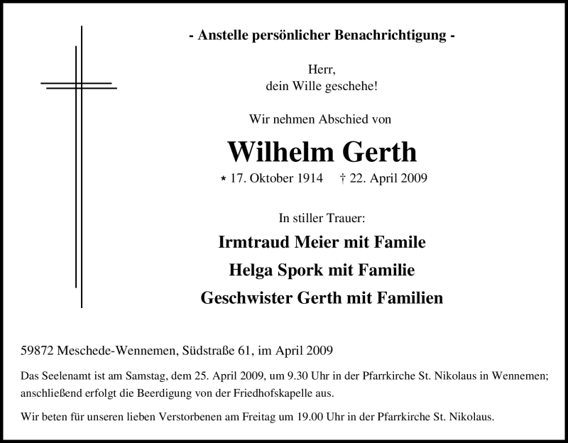  Traueranzeige für Wilhelm Gerth vom 23.04.2009 aus Tageszeitung