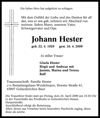 Traueranzeige von Johann Hester von Tageszeitung