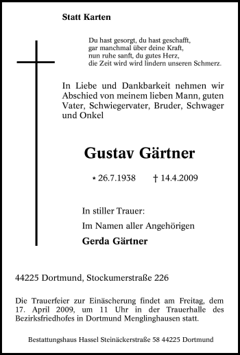 Traueranzeigen von Gustav Gärtner TrauerinNRW.de