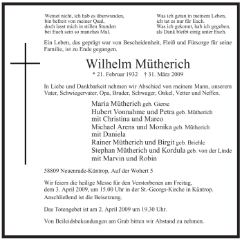 Traueranzeige von Wilhelm Mütherich von Tageszeitung