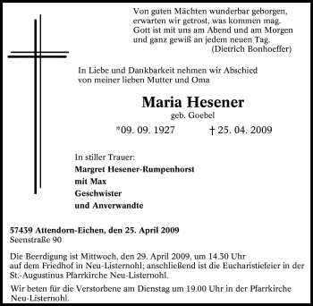 Traueranzeige von Maria Hesener von Tageszeitung