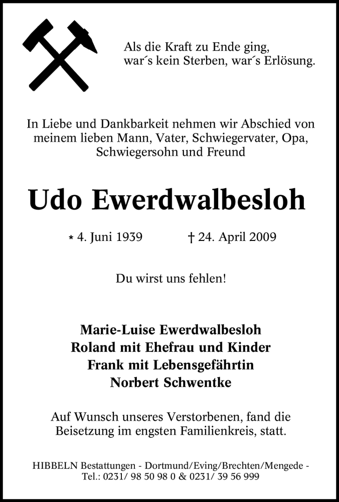 Traueranzeigen von Udo Ewerdwalbesloh | Trauer-in-NRW.de