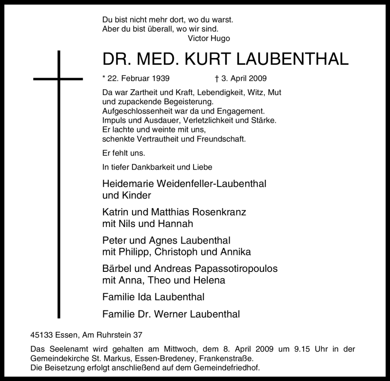  Traueranzeige für Kurt Laubenthal vom 07.04.2009 aus Tageszeitung